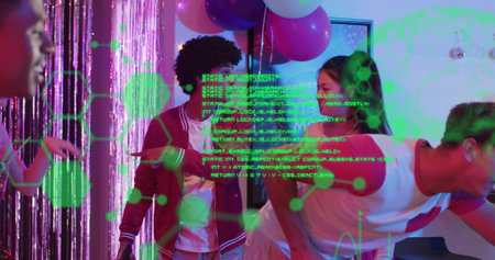 Chatting group of seven friends in lounge, wearing varsity jacket with holographic code overlay....