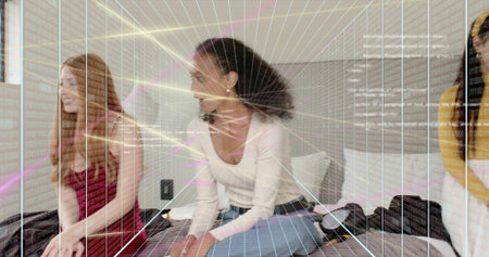 Sitting three women posing on bed in bedroom, in red dress, jeans, yellow cardigan, projected grid....