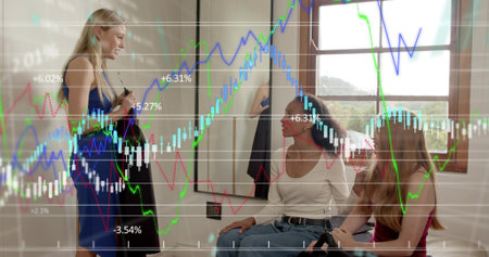 Comparing women in blue satin, white top with jeans, red dress at boutique mirror, charts overlay....