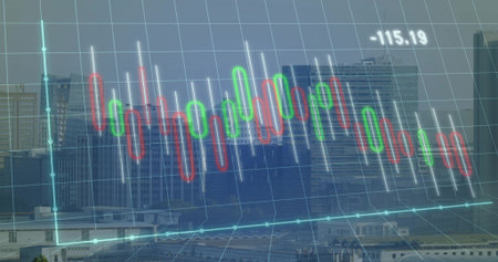 Displaying candlestick overlay floating over city skyline, with red green candles, baseline -115.19....