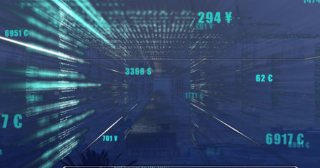 Projecting hologram currency streams and code columns in office hall to vanishing point, with plant....