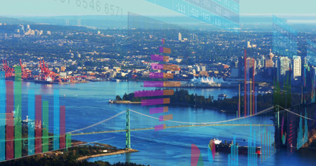 Showing green suspension-bridge spanning harbor at coastal city with ships cranes financial data....