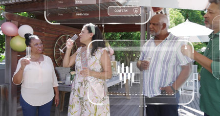 Standing five adults sipping champagne flutes on backyard deck under pergola, sash and GUI overlays....