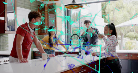 Chatting five adults leaning on quartz island in home kitchen, holding mug, showing AR overlay....