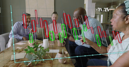 Examining stock chart, four adults in light shirts, patterned top at coffee table showing 71.25....