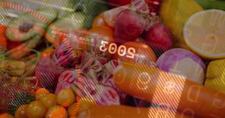 Displaying cluster of carrots, cherry tomatoes, sliced beets and halved lemon with HUD at market....