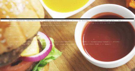Framing white ceramic bowl holding red sauce on wooden board, with sesame burger, fries, copy space....
