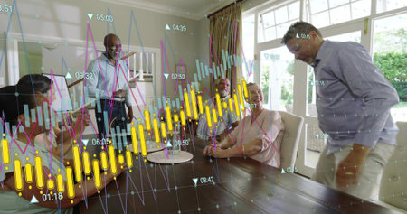 Gathering family of six examining financial overlay in home dining room, with dark table....