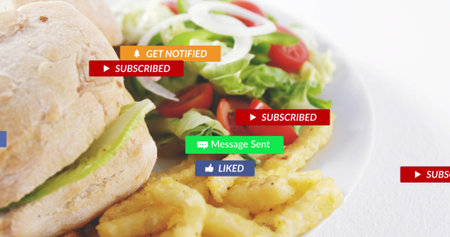 Showing split-roll lettuce salad fries on white plate, GET NOTIFIED SUBSCRIBED Message Sent LIKED....