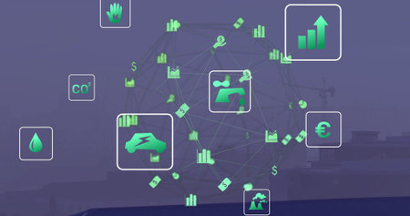 Floating translucent network sphere showing icons over harbor, with electric car CO2 euro charts....
