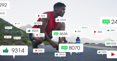 Preparing runner crouching on hilly road wearing red tank, dark shorts, blue bottle, floating icons....