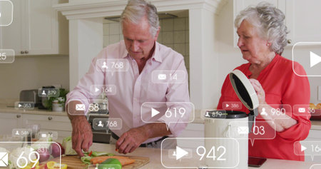 Chopping senior couple in pink shirt, red blouse slicing veg in kitchen with rice cooker overlays....
