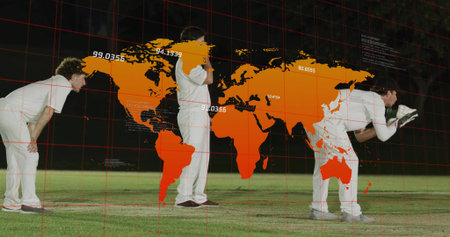 Standing three cricketers wearing white kit on night pitch with orange map, keeper gloves, pads....
