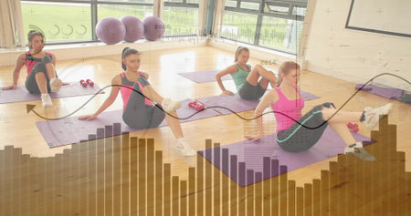 Doing seated core, four women in activewear working on purple mats with dumbbells in fitness studio....