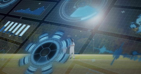 Standing trio players in white uniforms talking on grassy pitch, with bat, pads and AR overlays....