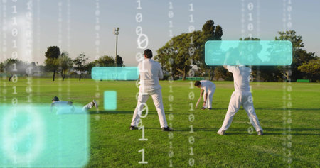 Playing four men in cricket whites batting, fielding on park pitch, with bat, ball, helmet, HUD....