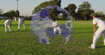 Fielding four in whites on cricket pitch by wicket, keeper wearing gloves pads under digital globe....