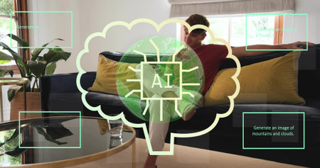 Sitting adult male in red T-shirt on dark sofa, looking down near window, with AI overlay....
