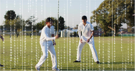 Fielding two players crouching and moving in white shirts at park with caps, gloves, binary overlay....