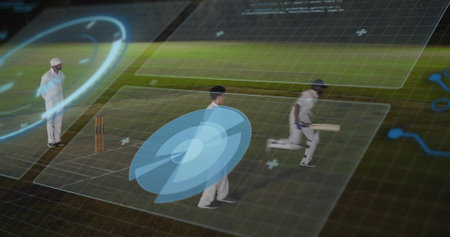 Standing player wearing white kit under blue hologram on pitch, batsman running with bat, stumps. Cricket, batter, umpire, holographic, analytics, radar, gridの写真素材