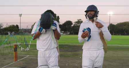 Walking two batsmen wearing white kit holding bats on pitch, with stumps, helmets and chart overlay....