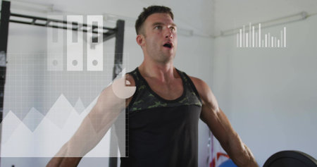Lifting man in black tank with camo trim straining in small gym, barbell, rack, data overlays....