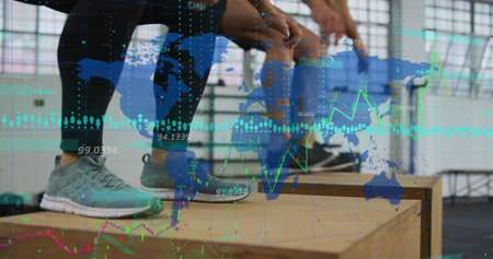 Tying woman, balancing man in athletic wear on wooden plyo boxes at gym, showing data overlay....
