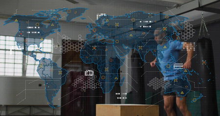Jumping man in blue-shirt, dark-shorts onto plyo box inside gym with digital overlay, copy space....