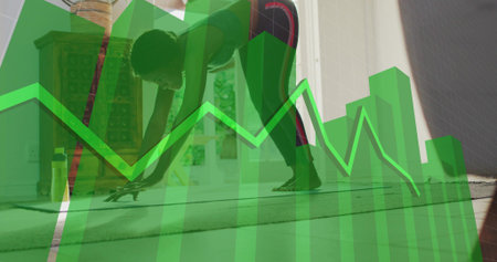 Stretching woman in athletic wear barefoot doing lunge at home with mat bottle green chart overlay....