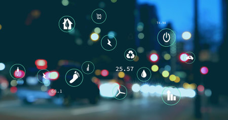 Image of digital icons and data processing over cars on road. global digital interface, data...
