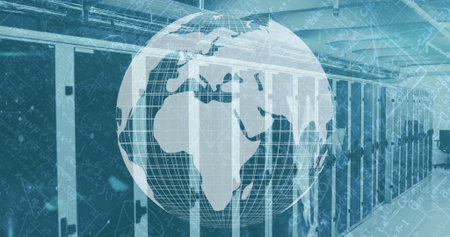 Image of globe spinning and network of connections over computer servers. digital interface global...