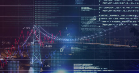 Statistical data processing over grid network against view of cityscape at night. computer interface...
