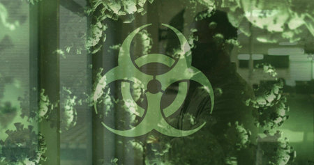 Dominating biohazard symbol overlaying lab corridor showing virus particles silhouette in lab coat....