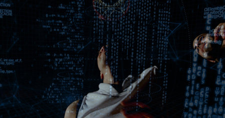 Standing rear-view man in light jacket gazing upward in virtual studio, with code, globe and grid....