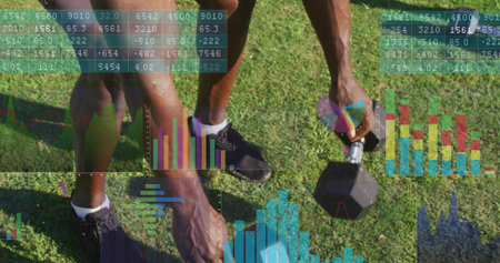 Gripping hex dumbbell, mature man exercising on grassy lawn, showing data overlays with dark shorts....