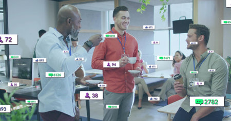 Chatting three men wearing shirts and ID badges, holding coffee in open office with social overlays....