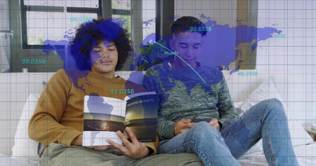 Reading two men in shirts on sofa at home with ENDLESS SUNSETS, smartphone and map overlay. Couch,...