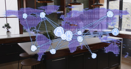 Projecting purple hologram world map over kitchen island with white countertop, glowing blue nodes....