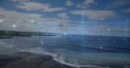 Showing coastal seascape with AR HUD centered, waves breaking on rocky shore, stone tower left....