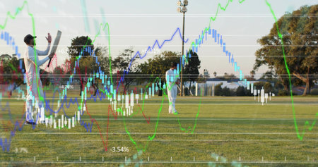 Appealing three players in white uniforms posing near wickets at park, with market chart overlay....