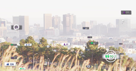 Displaying horizontal band of trees stretching across hillside overlook, with floating UI badges....
