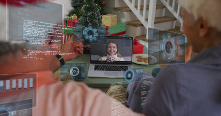 Waving family connecting via laptop at home, in pink and blue, with tree, gifts, HUD overlays....