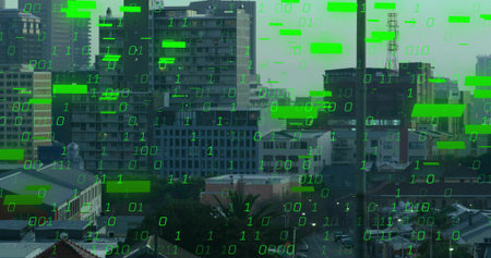 Displaying downtown skyline with roofs, chimney, antenna on mid-high towers, green binary overlay....