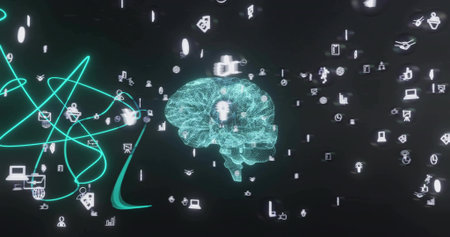 Pulsing teal wireframe brain glowing in virtual space, showing floating icons, neon trails, nodes....