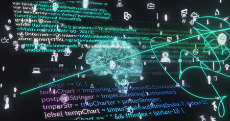 Displaying wireframe brain mesh pulsing with neon flows in dark UI, showing JS code and icons....