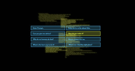 Displaying menu on dark screen with eight cyan-outlined buttons, yellow highlight and blurred code....