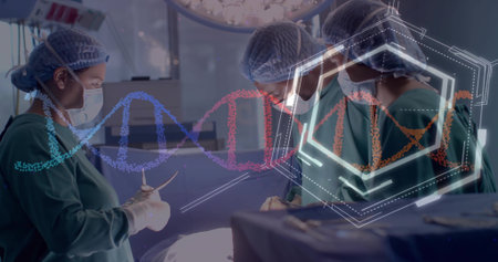 Operating team in green gowns and masks performing surgery on patient in OR, with DNA overlay....