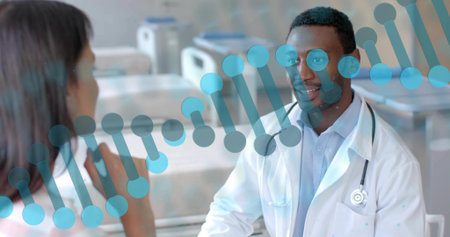 Discussing doctor wearing white coat with stethoscope talking to patient at exam tables DNA helix....