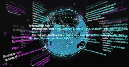 Rotating stylized Earth globe showing neon nodes across virtual panel, with floating code columns....