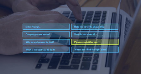 Typing hands in long-sleeve pressing laptop keys on wooden desk, showing UI overlay with yellow box....